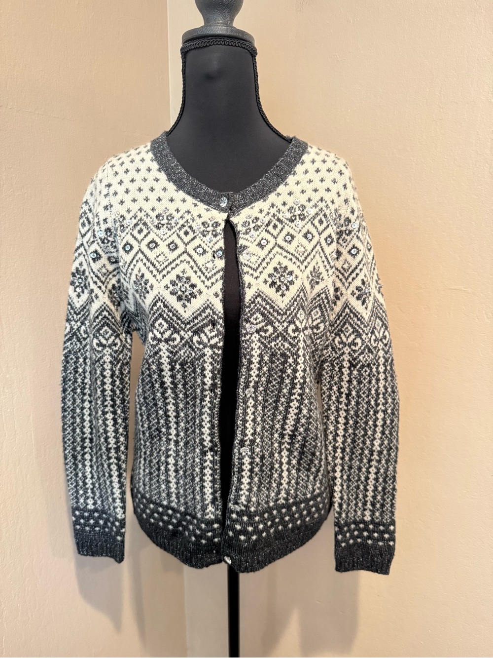 Kenar Black & White Nordic-Pattern Cardigan with Pearl/Sequin/Bead Accents